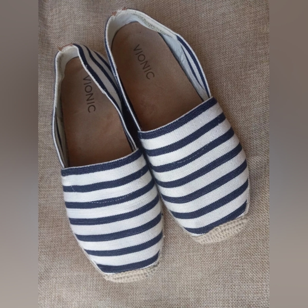 Vionic Valeri Espadrille Flat Shoes Cream Navy Women's Size 7